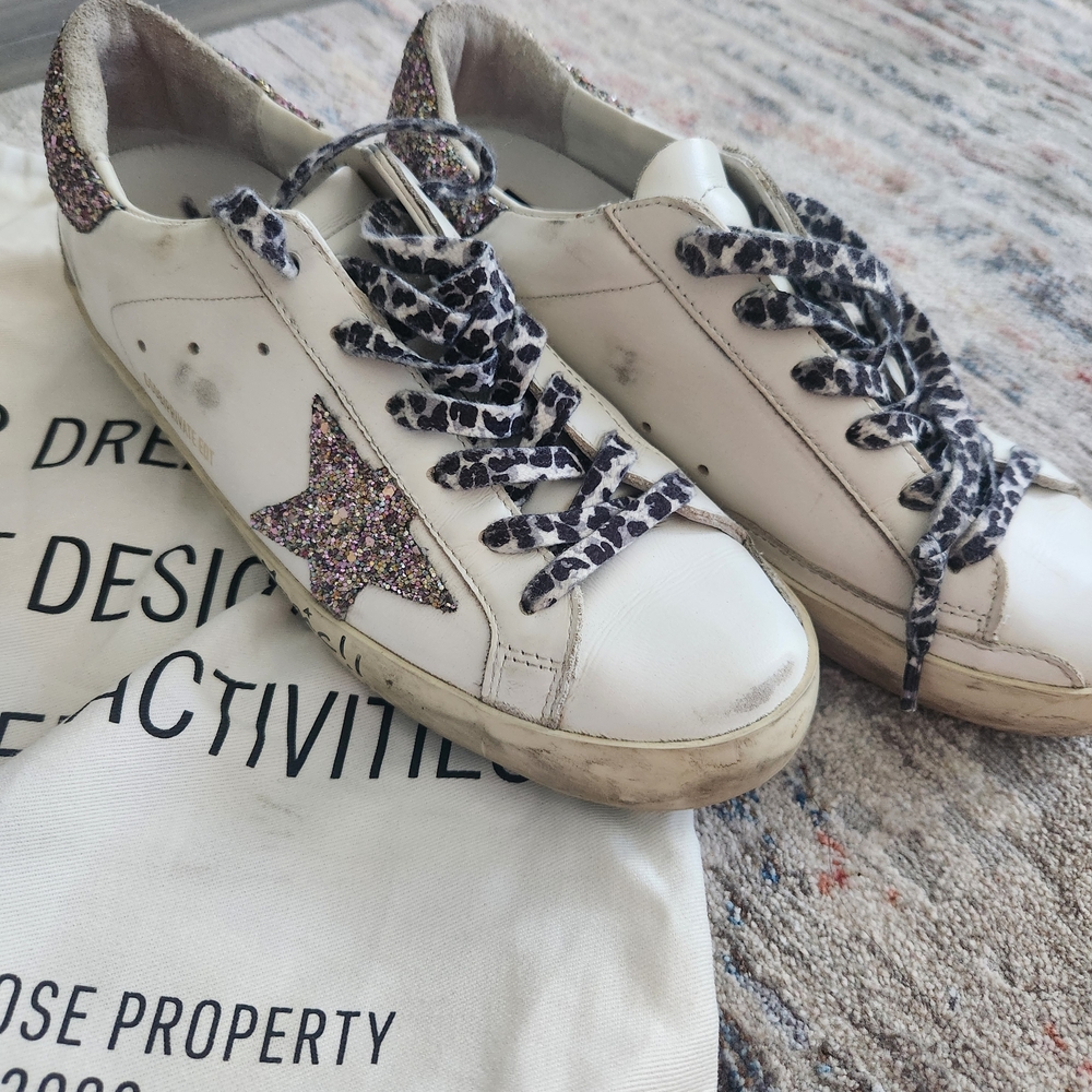 Golden Goose White Sneakers with Glitter Star and Leopard Laces